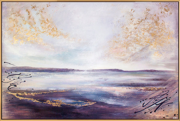 The painting "Sea Distance" is a textured seascape in light colors.