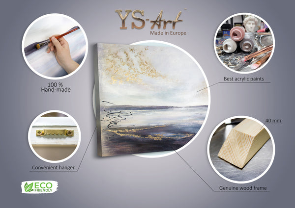 The painting "Sea Distance" is a textured seascape in light colors.