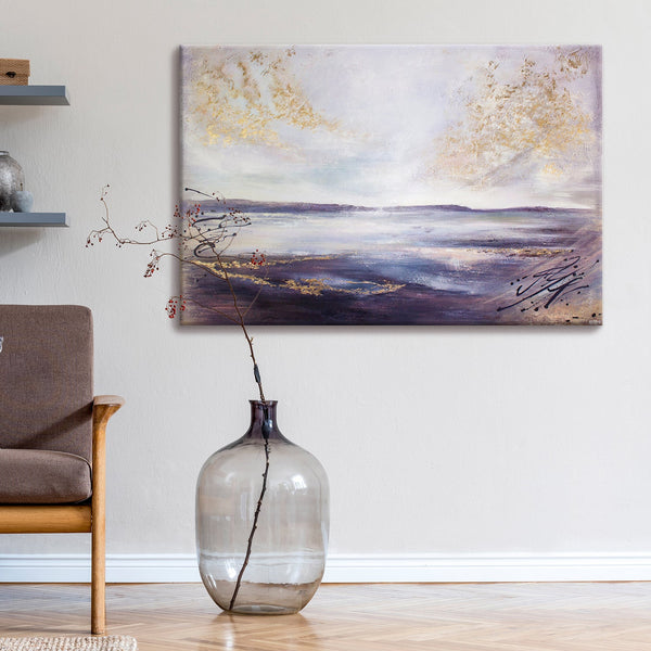 The painting "Sea Distance" is a textured seascape in light colors.