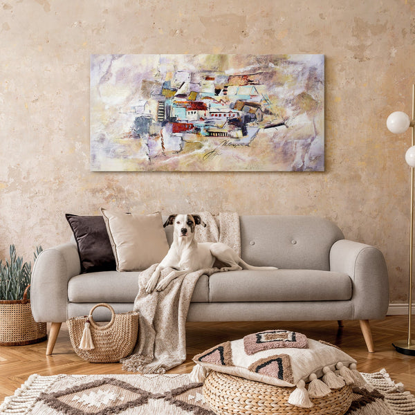 The painting "Progress" is an urban composition with architectural forms