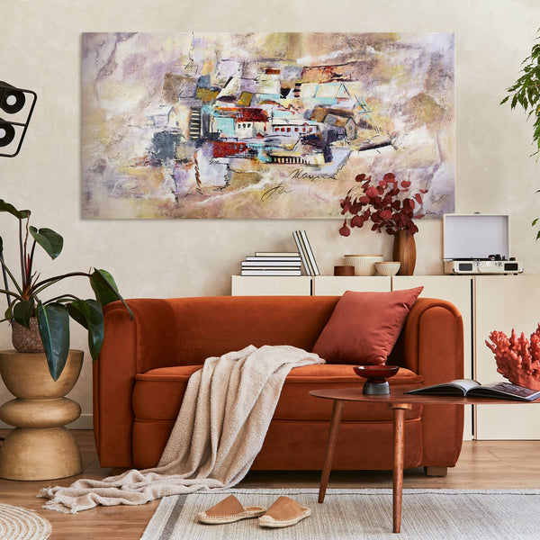 The painting "Progress" is an urban composition with architectural forms
