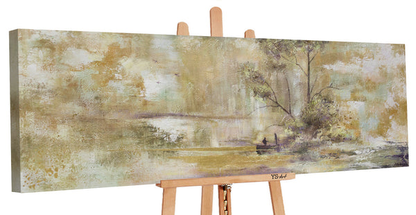 The painting "Relax" is a calm landscape with a boat against a background of nature