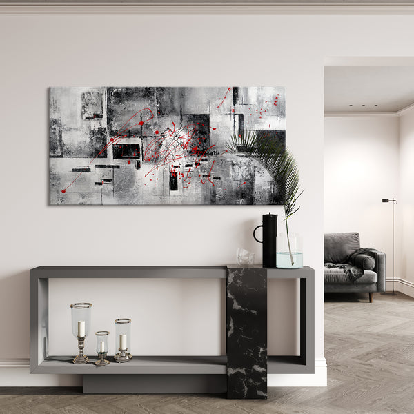 The painting "Courage" is a geometric abstraction with red accents