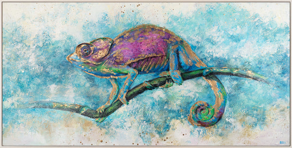 The painting "Iguana" is an exotic animal in bright colors