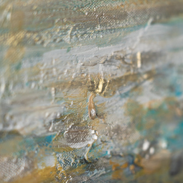 The painting "Summer Coolness" is a textured seascape in blue tones