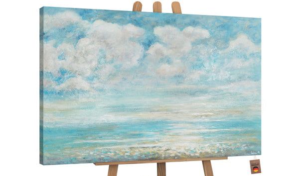 The painting "Summer Coolness" is a textured seascape in blue tones
