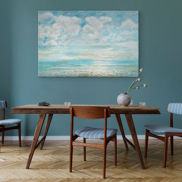 The painting "Summer Coolness" is a textured seascape in blue tones
