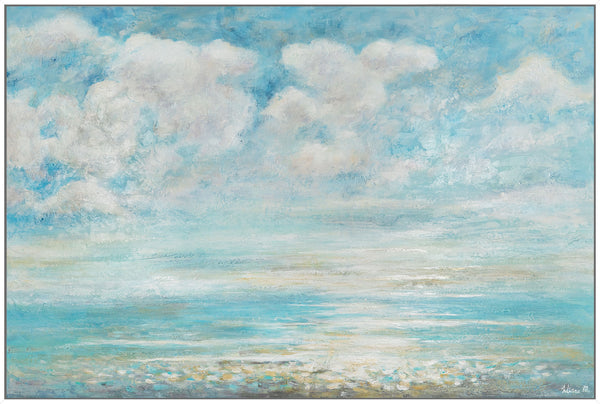 The painting "Summer Coolness" is a textured seascape in blue tones