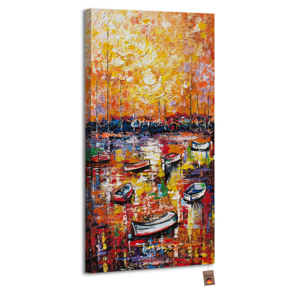 The painting "The Pier" is a vivid impression with boats at sunset