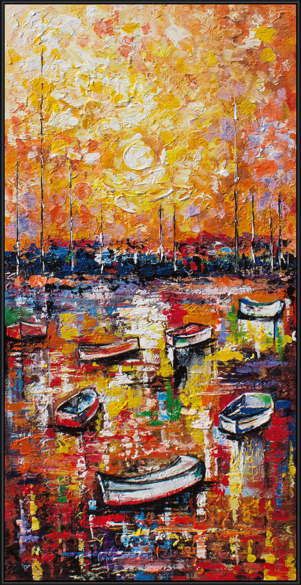 The painting "The Pier" is a vivid impression with boats at sunset