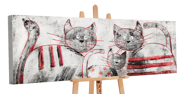 The painting "Funny Cats" is a bright composition with a family of cats