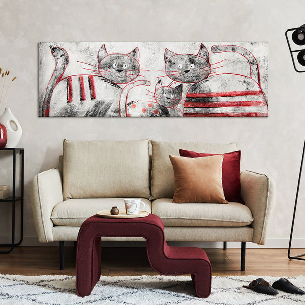 The painting "Funny Cats" is a bright composition with a family of cats