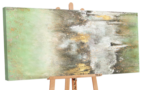 The painting “Quiet Harbor” is an abstract softness of green and gold