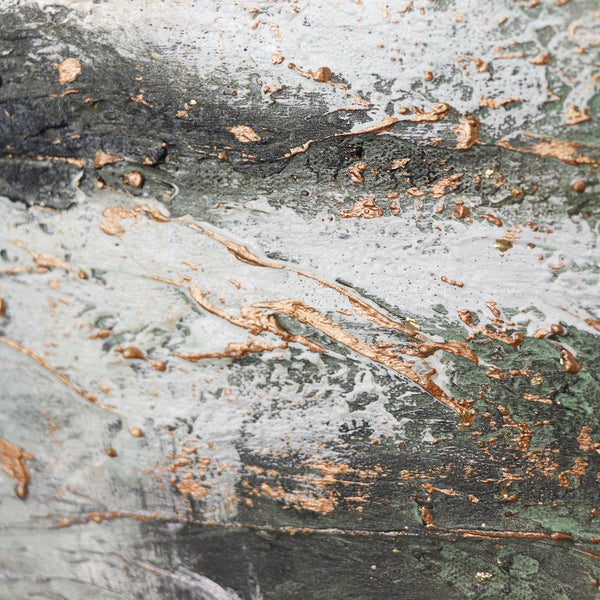The painting “Quiet Harbor” is an abstract softness of green and gold