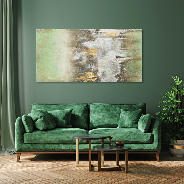 The painting “Quiet Harbor” is an abstract softness of green and gold