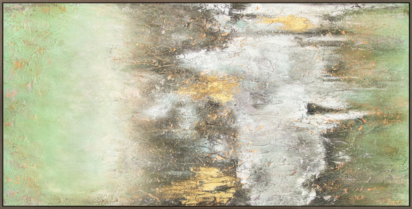 The painting “Quiet Harbor” is an abstract softness of green and gold