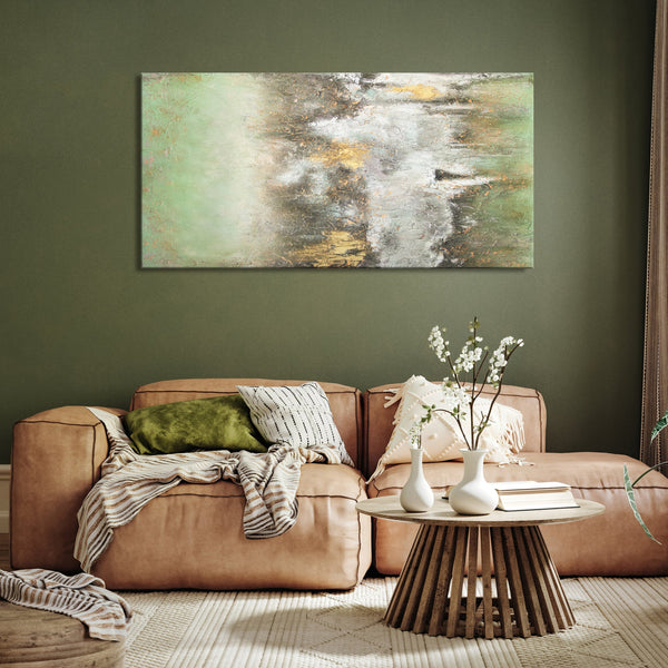 The painting “Quiet Harbor” is an abstract softness of green and gold