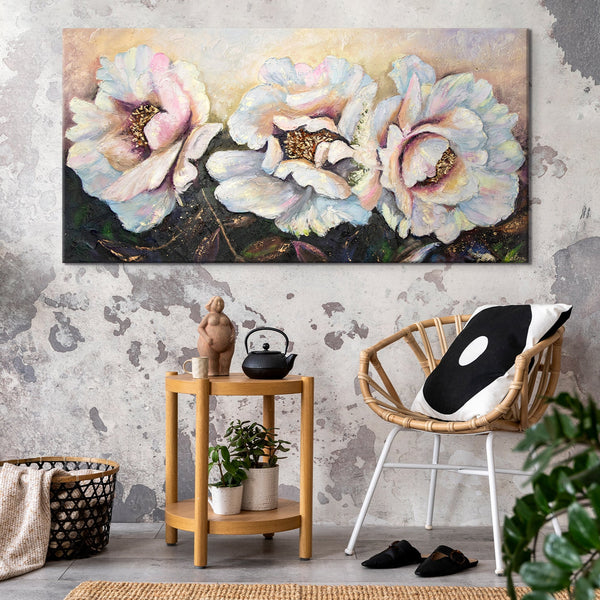 The painting "Peonies" - lush flowers in a delicate golden hue