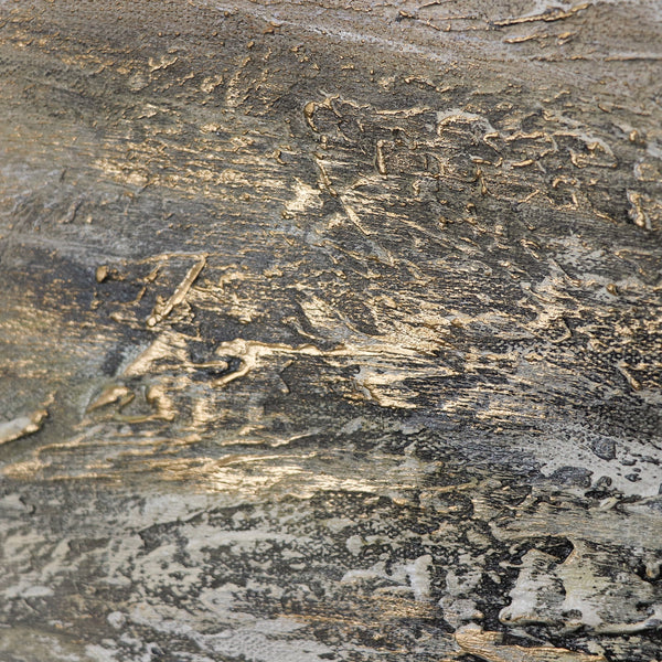 The painting "The Power of the Elements" is an abstract energy of nature in gold and gray