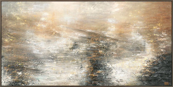 The painting "The Power of the Elements" is an abstract energy of nature in gold and gray