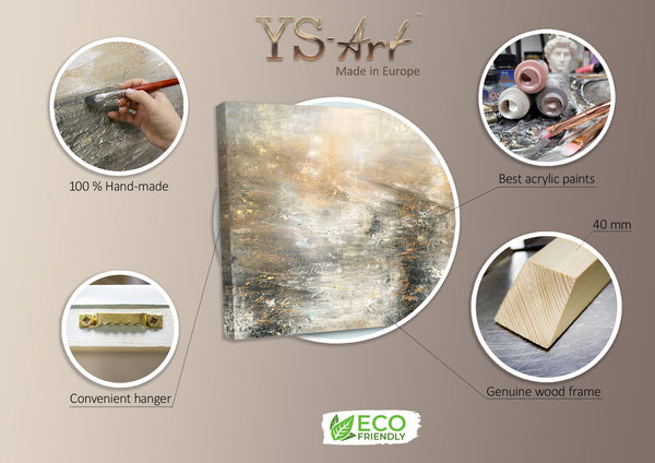The painting "The Power of the Elements" is an abstract energy of nature in gold and gray
