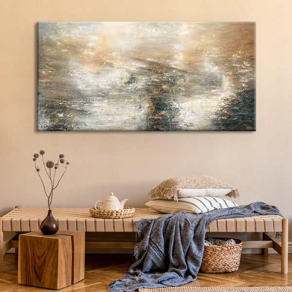 The painting "The Power of the Elements" is an abstract energy of nature in gold and gray