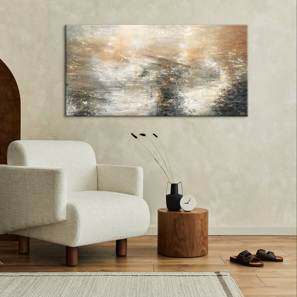 The painting "The Power of the Elements" is an abstract energy of nature in gold and gray
