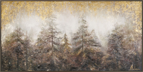 The painting "Morning in the Forest" is a foggy landscape with a golden glow