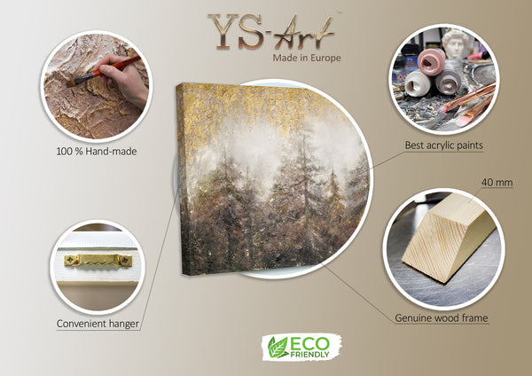 The painting "Morning in the Forest" is a foggy landscape with a golden glow