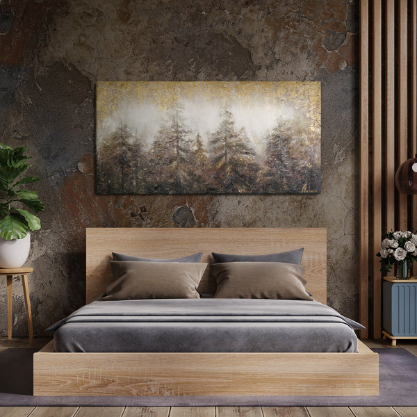 The painting "Morning in the Forest" is a foggy landscape with a golden glow
