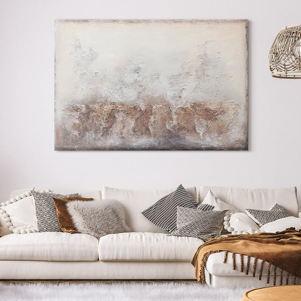 The painting "Shine" is an abstract depth in beige and gray tones.