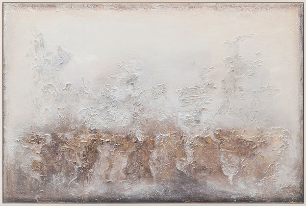 The painting "Shine" is an abstract depth in beige and gray tones.