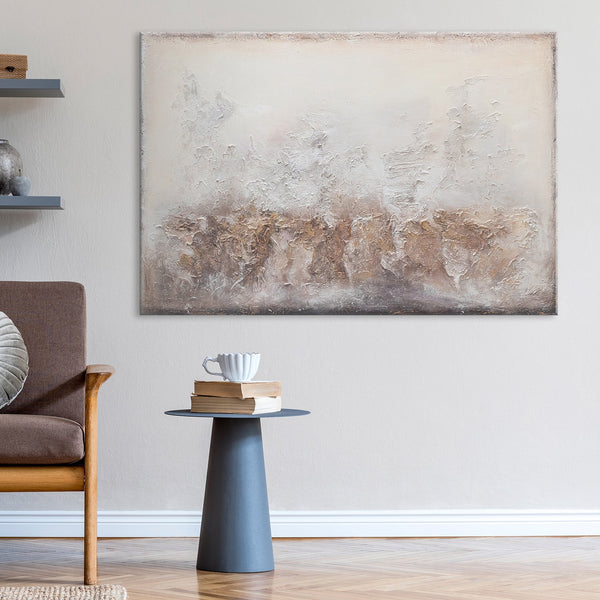 The painting "Shine" is an abstract depth in beige and gray tones.