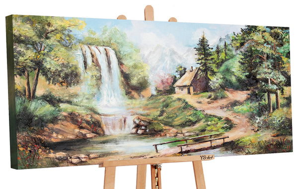 Painting "Waterfall" - mountain landscape with a hut