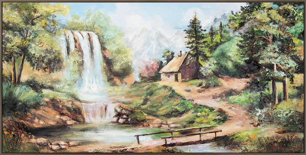 Painting "Waterfall" - mountain landscape with a hut