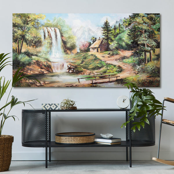 Painting "Waterfall" - mountain landscape with a hut