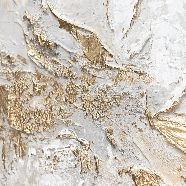 The painting "History" is an abstract composition with textured gold