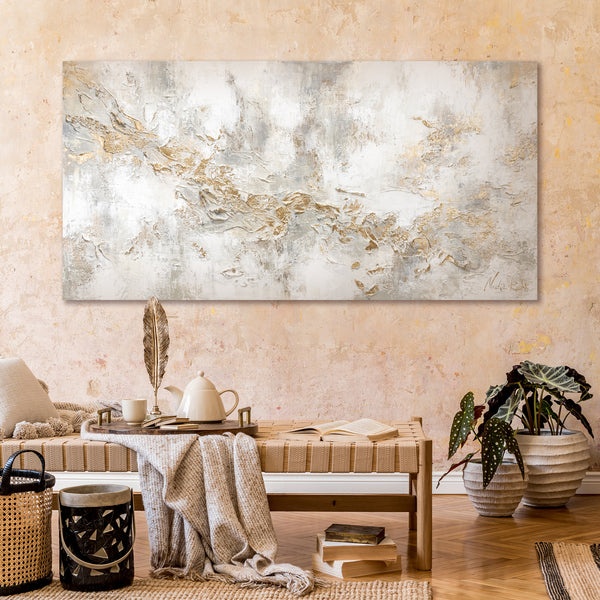 The painting "History" is an abstract composition with textured gold