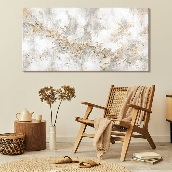 The painting "History" is an abstract composition with textured gold