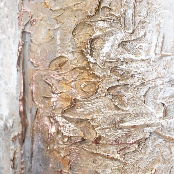 The painting "Philosophy" is a textural abstraction in beige and gray shades.