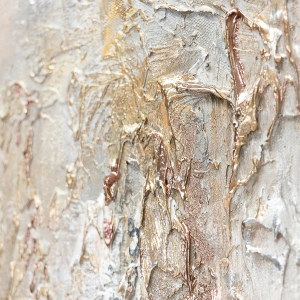 The painting "Philosophy" is a textural abstraction in beige and gray shades.
