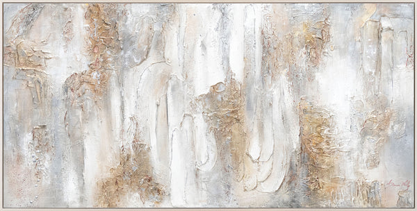 The painting "Philosophy" is a textural abstraction in beige and gray shades.