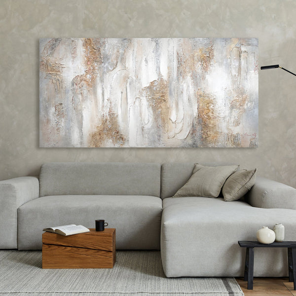 The painting "Philosophy" is a textural abstraction in beige and gray shades.