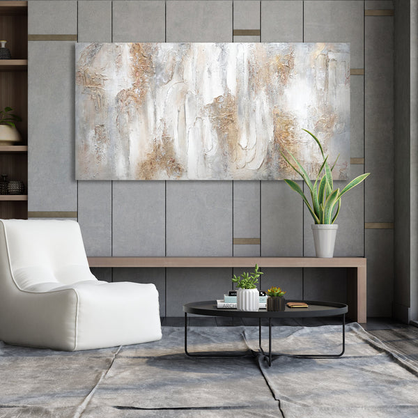 The painting "Philosophy" is a textural abstraction in beige and gray shades.