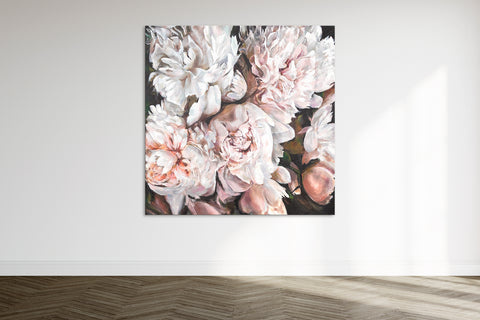 Hand-painted floral wall art with peonies - Elegant framed canvas painting "Bouquet of Peonies"