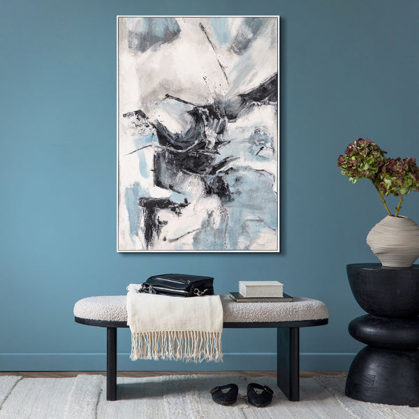 The painting "Frozen Impulses" is abstract energy in an icy palette