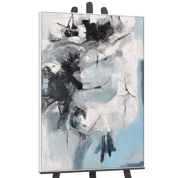 The painting "Ice Abstraction" is a contrast of white and charcoal against a sky-blue background.