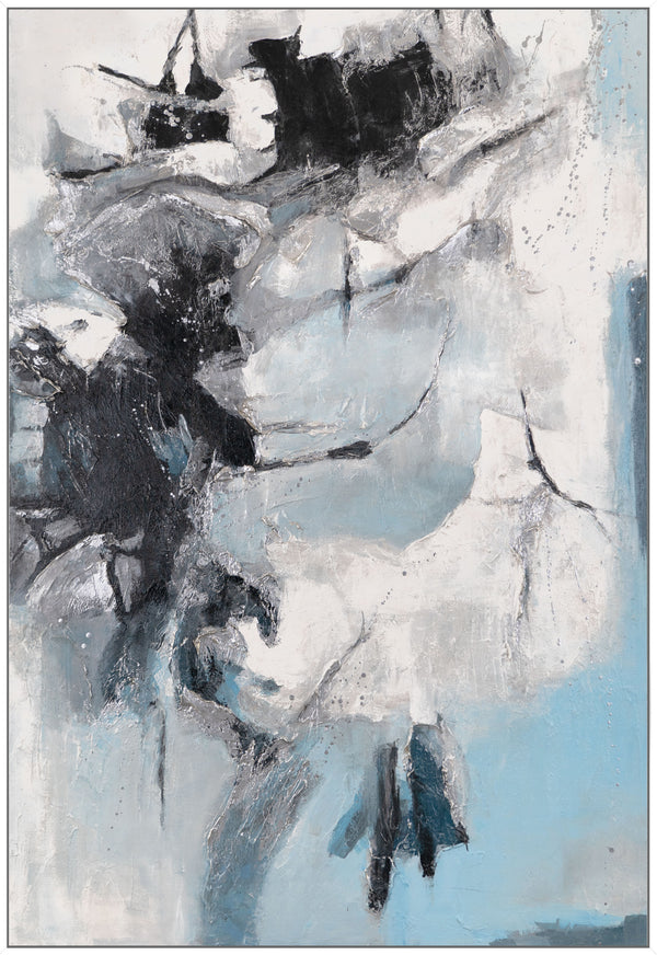 The painting "Ice Abstraction" is a contrast of white and charcoal against a sky-blue background.