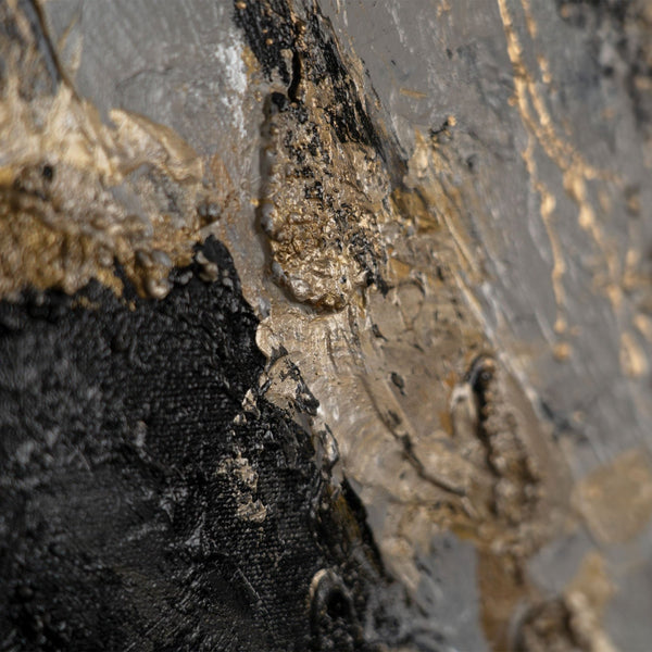 The painting "Golden Crack" is abstract energy in a marble-graphite palette