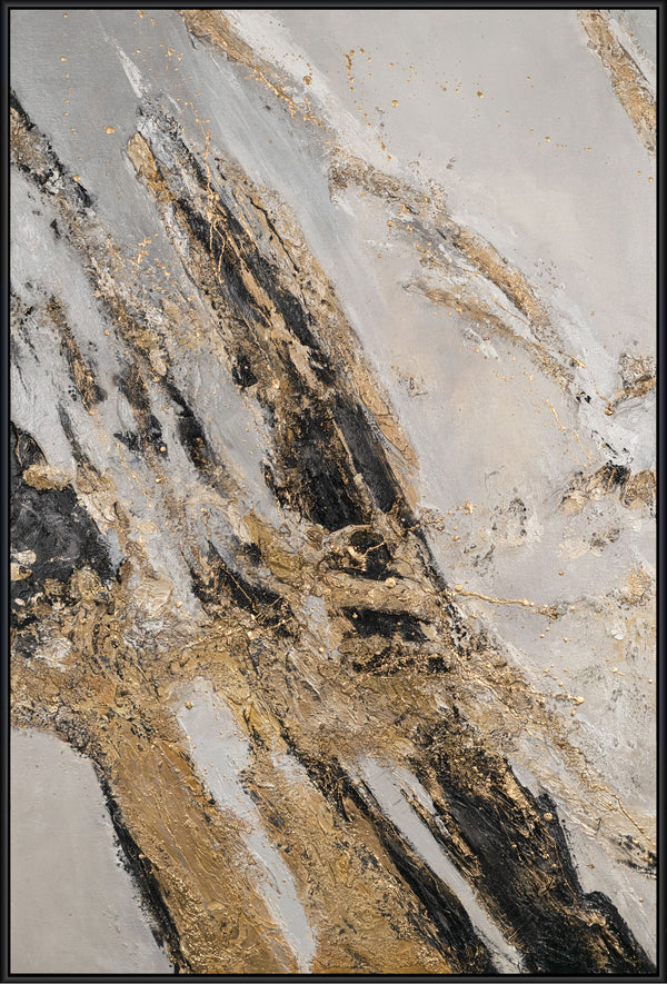 The painting "Golden Crack" is abstract energy in a marble-graphite palette